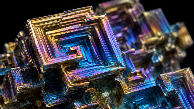Iridescent Bismuth Crystal Macro with Stepped Hopper Structure and Metallic Rainbow Layers