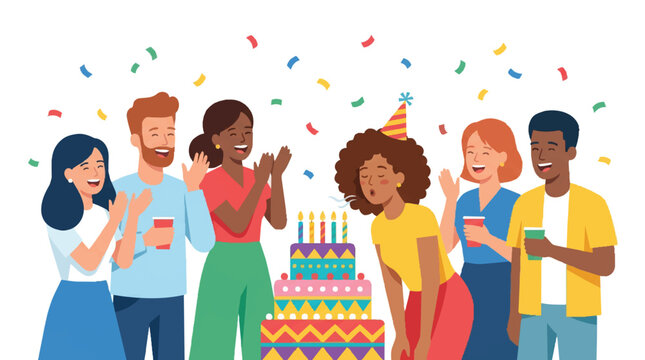 Diverse Group of Happy Friends Celebrating Birthday Party and Blowing Candles on Cake Vector Illustration