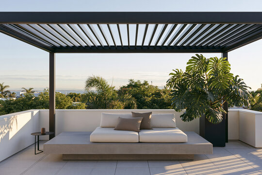 Rooftop garden lounge featuring a low concrete daybed with cream cushions under a matte black pergola, surrounded by lush greenery and soft morning light