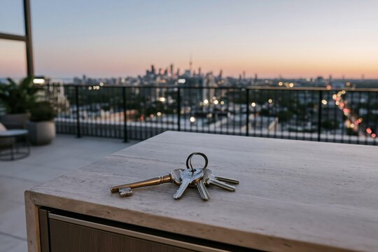 Set of house keys on a low travertine bar counter with a city skyline glowing softly at dusk beyond the railing on an urban rooftop