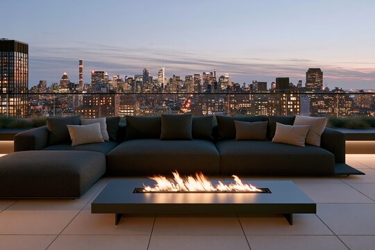 Urban rooftop lounge with low sectional sofa and glowing fire pit overlooking a city skyline at dusk, modern design elements visible