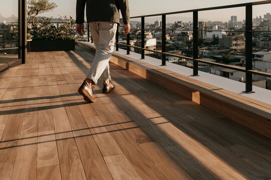 Man's feet in leather sneakers walking on warm teak deck of urban rooftop, golden hour light illuminating the scene with city skyline backdrop