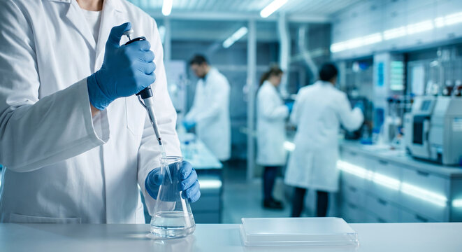 Close up of researcher using pipette for chemical liquid analysis in bright lab.