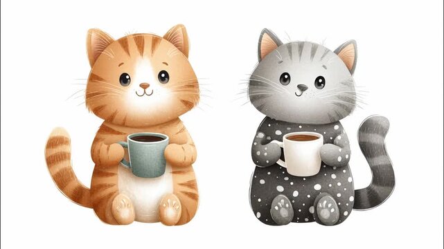Cute cats holding mugs preparing for a cozy coffee break or sharing a warm drink illustration