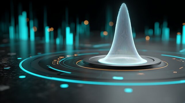 White holographic bell curve cone on a dark futuristic platform, data science concept