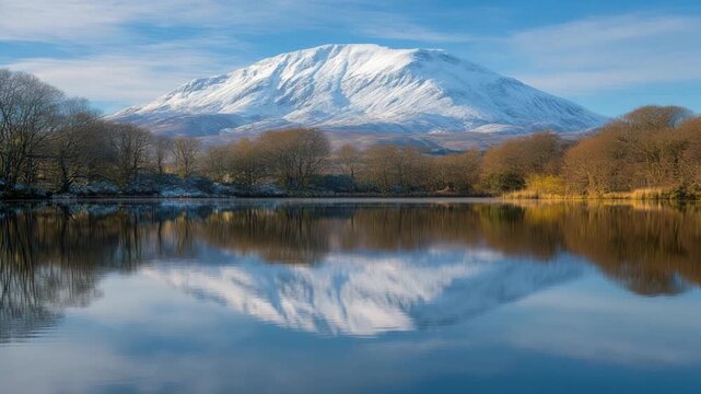Stunning Snow-Capped Mountain Reflected in Serene Lake Surrounding Stunning Scenic Nature Landscape. Perfect for Tranquil Relaxation and Wellness Themes. Generative AI