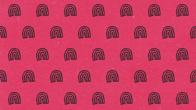 Seamless repeating pattern of hand drawn rainbow arches on a vibrant pink textured background.