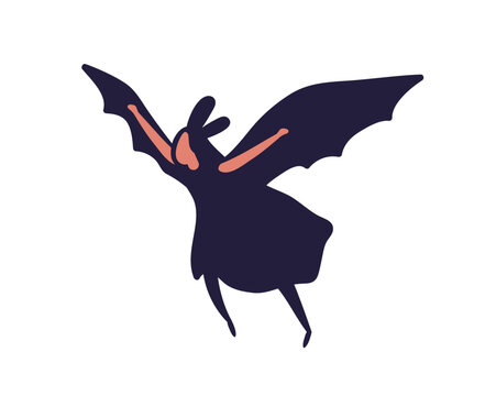 Halloween woman disguise in bat outfit. Woman in bat costume for Helloween party carnival. Horror bat character flying with wings. Halloween flat vector illustration isolated on a white background.