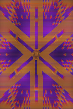Abstract pixel sorting glitch snowflake with neon purple and orange geometric patterns. Digital distortion with scanline artifacts and chromatic aberration for rave posters and electronic music design