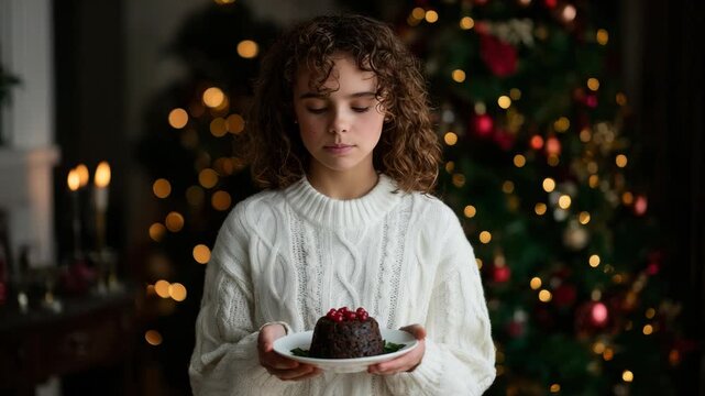 Young Woman Holding Christmas Pudding Near Decorated Tree
