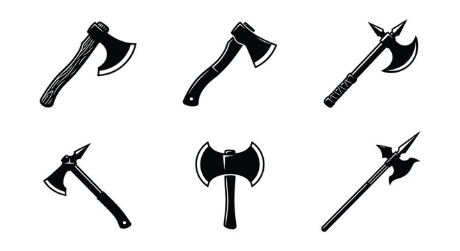Collection of black silhouette battle axes on a white background