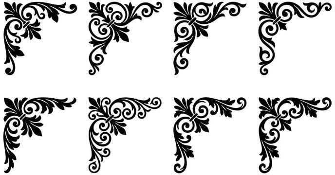 Elegant black floral corner vector flourishes set featuring intricate scrollwork patterns for classic graphic design projects