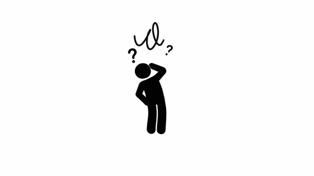 Confused stick figure thinking with question marks and scribbles
