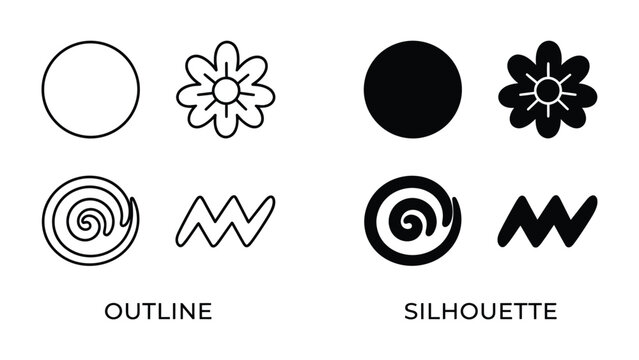 Outline and Silhouette Icons: A graphic resource showcasing a clear distinction between outline and silhouette versions of abstract shapes, including a circle, flower, spiral, and zigzag pattern.