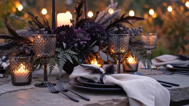 Elegant outdoor dining setting captured in motion video footage showing gothic table decor with flickering candles dark flowers crystal glassware and sophisticated black cutlery arranged on a natural 