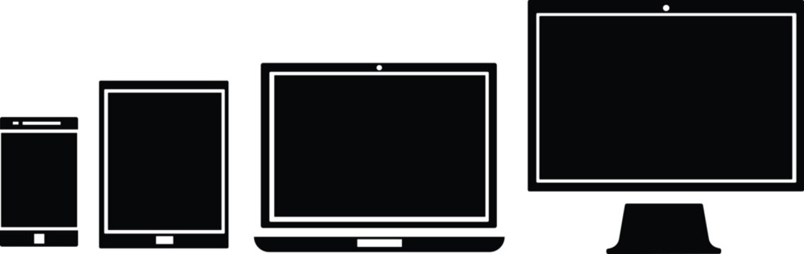 Responsive digital devices vector set, smartphone, tablet, laptop and computer monitor silhouette icons