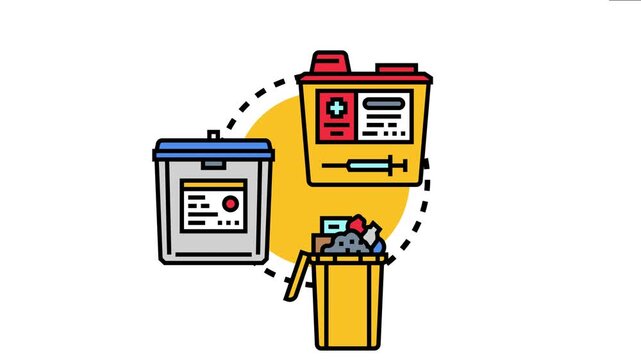 Biohazard medical sharps container and general waste bins symbolizing proper waste management, safety, and environmental protection in healthcare settings