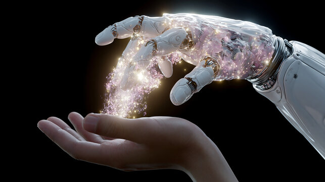 a futuristic robotic prosthetic hand glowing with sparkling particles representing advanced bionic technology medical innovation and biomedical engineering concept