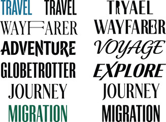 Obraz premium Travel and adventure typography logo and wordmark collection with modern lettering, journey badges, and exploratory slogans