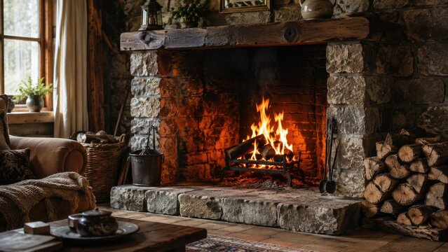 Cozy rustic living room with a roaring stone fireplace, wooden mantel, stacked firewood, armchair, coffee table and warm ambient light