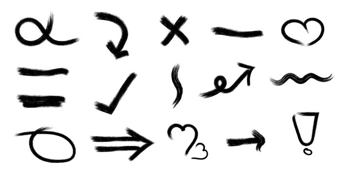 Set of hand drawn black ink brush stroke symbols arrows and design elements on white background