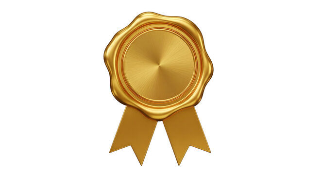 Shiny gold wax seal stamp with ribbons for official document or luxury certificate award design