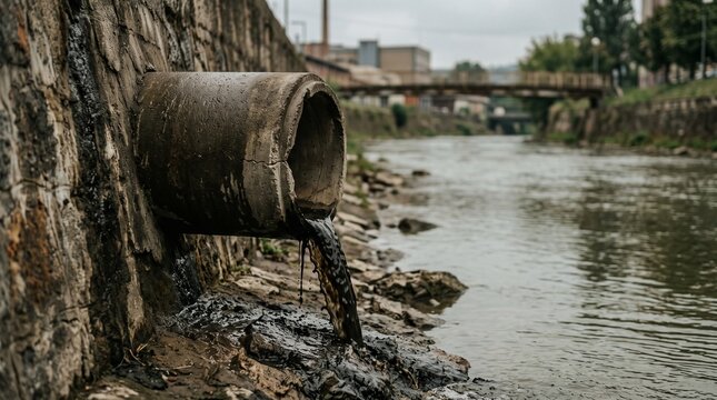 Polluted water flowing from a large pipe into a river causing environmental damage.