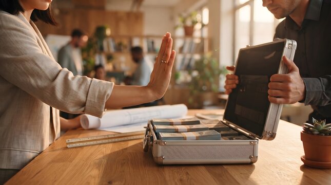 A businesswoman extends her hand in a stop gesture, refusing a silver briefcase filled with stacks of dollar bills offered by a business partner. A conceptual image representing corporate ethics, a...