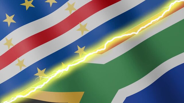Two waving flags Cabo Verde and South Africa with diagonal lightning seamless, 4k loop