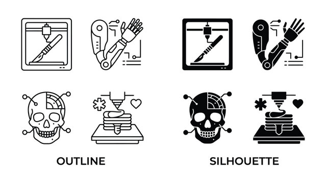 Futuristic Technology Icons: A collection of graphic icons representing advanced technology, including a 3D printer, robotic arm, and bio-tech skull, showcasing innovation and medical advancements.