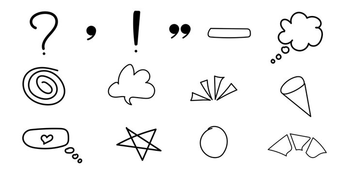 Set of hand drawn doodle elements including punctuation marks speech bubbles stars and decorative shapes