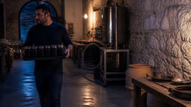 Adult Caucasian male worker, carrying tray of glass jars, rustic stone cellar environment, dim mood lighting, artisan food production