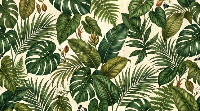 Sophisticated tropical botanical pattern featuring lush palm leaves, monstera foliage, philodendron leaves, and delicate ferns arranged in an elegant seamless composition. 