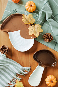 Autumn ceramic mushroom plates and kitchen decor top view