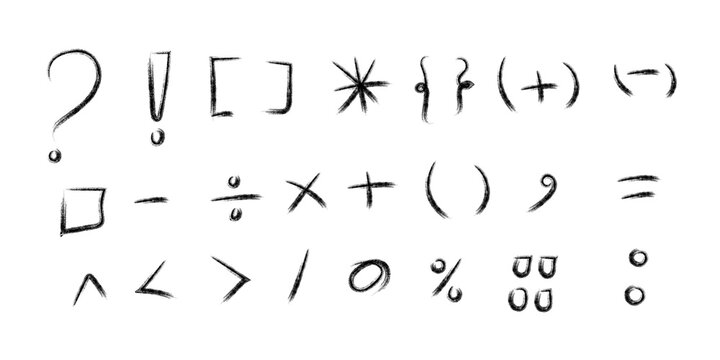Collection of various mathematical and punctuation symbols hand drawn with a charcoal pencil texture