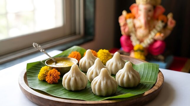 Indian modak dumpling arranged on banana leaf with flowers and festive Ganesha idol. Traditional sweet offering for Ganesh Chaturthi celebration and devotional food ritual.