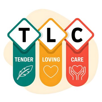 TLC acronym design representing tender loving care, featuring compassion, kindness, empathy, affection, emotional wellness, supportive relationships, nurturing, friendship, and connection togetherness