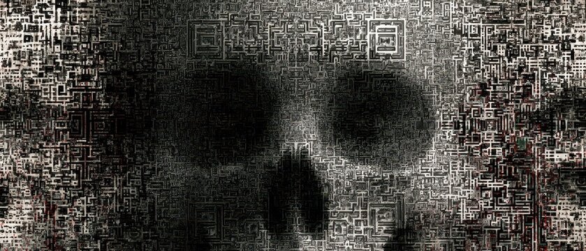 Abstract cybersecurity concept showing hacked QR code system, stolen data, digital breach and compromised information.