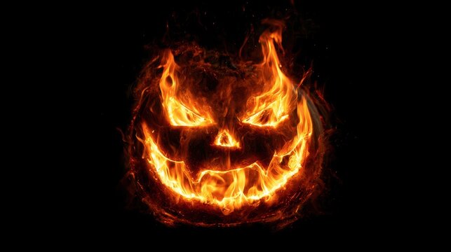 Dark Halloween background featuring a scary jack o lantern pumpkin face engulfed in glowing orange flames.