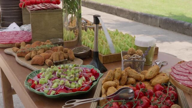 Long wooden table laid with fried snacks tomato salad sliced salami and cherry tomatoes