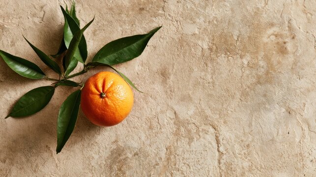 Single ripe orange with green leaves on a textured neutral background