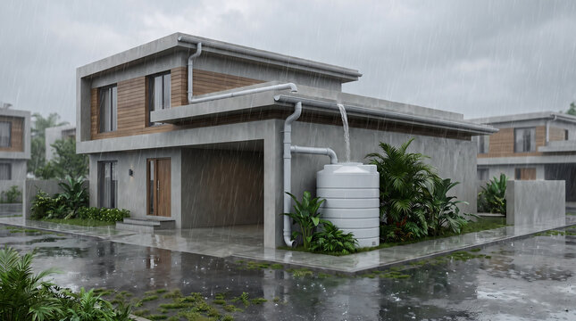 Modern Indian home using rooftop rainwater harvesting during heavy monsoon rainfall and water conservation