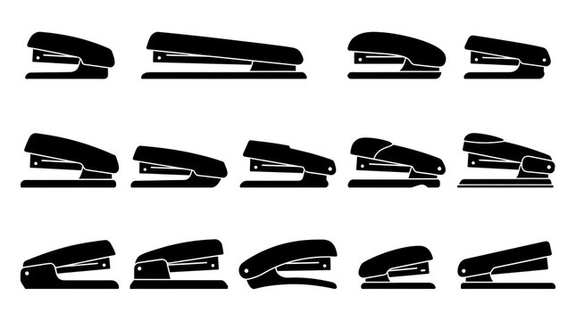 Stapler types silhouette vector icon set including desktop stapler, heavy duty stapler, mini pocket stapler, ergonomic office stapler and paper binding machine
