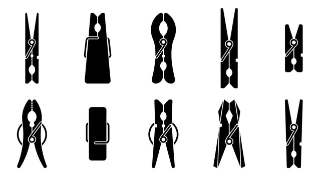 Clothespin types and clothes peg silhouette vector icon set including wooden clothespin, plastic laundry peg, metal spring clip, heavy duty clothespin and laundry hanging pin
