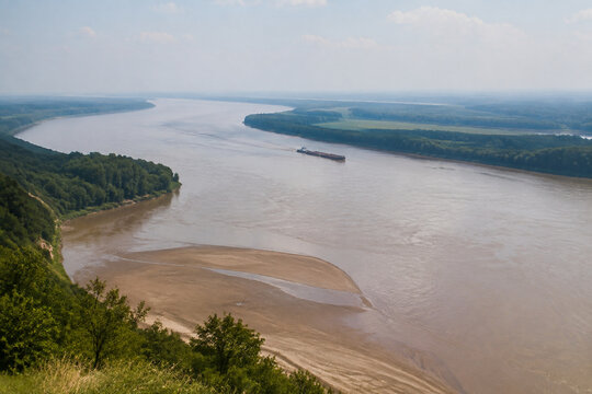 View from high bluff of wide brown river bending through low green forest, sandbar, tugboat and barge downstream, Mississippi River landscape
