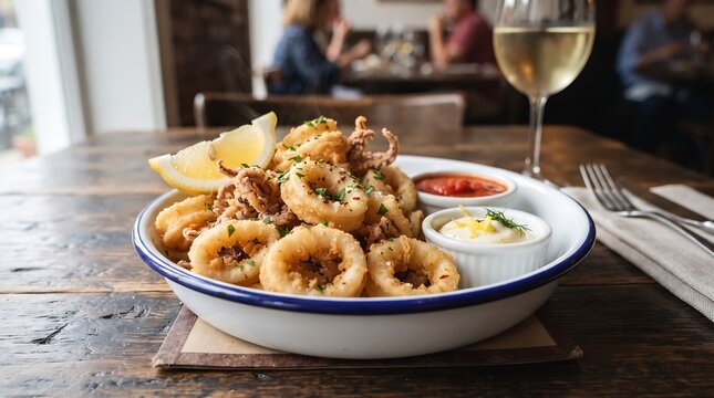 Fried calamari served with lemon, dipping sauces and a glass of white wine