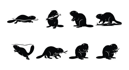 Naklejka premium Beaver silhouettes depict various poses and activities in a vector illustration