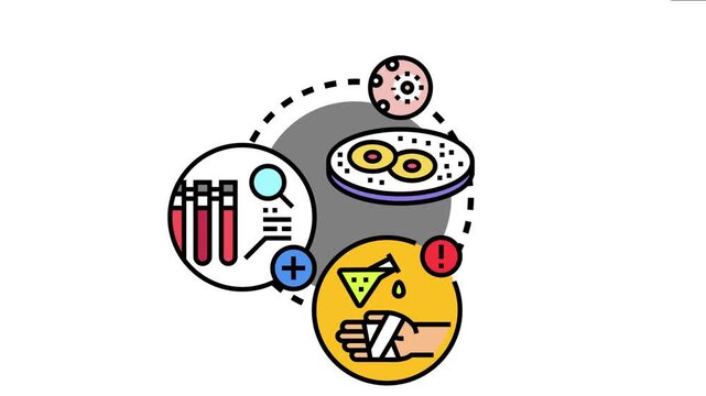 Biomedical chemical reaction concept medical research. Diagnostic processes. And treatment or danger warnings with test tubes. Petri dish. Microscope. Magnifying glass. And bandaged hand