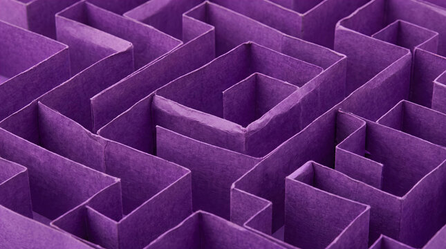 3D rendering of an abstract standing folded-paper maze, intricate layered paper pathways, vivid purple background, creative modern design concept