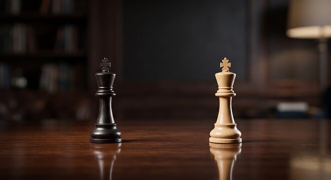Black and white chess kings facing each other on a polished wooden table. Strategy, competition, leadership, decision making and opposing power concept.